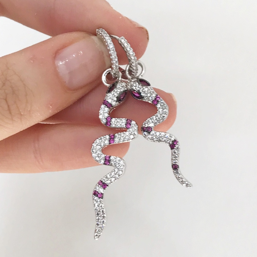 Snake Earrings | Silver with Magenta Gems | 0161